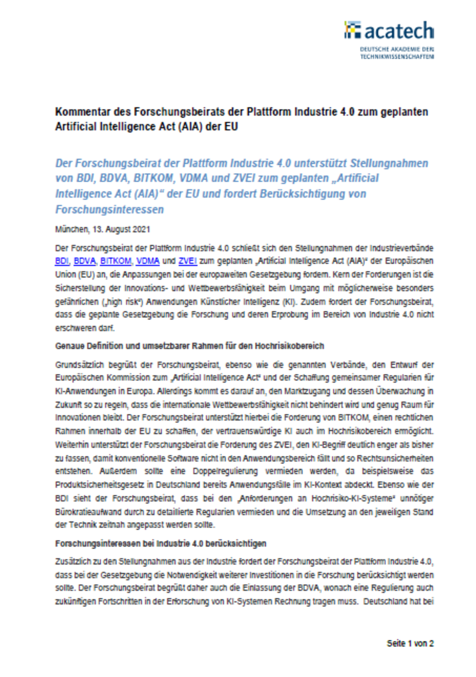 Kommentar des Forschungsbeirats der Plattform Industrie 4.0 zum geplanten AI Act der EU