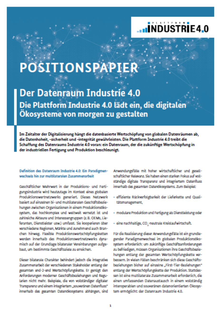 Cover Positionspapier "Der Datenraum Industrie 4.0"