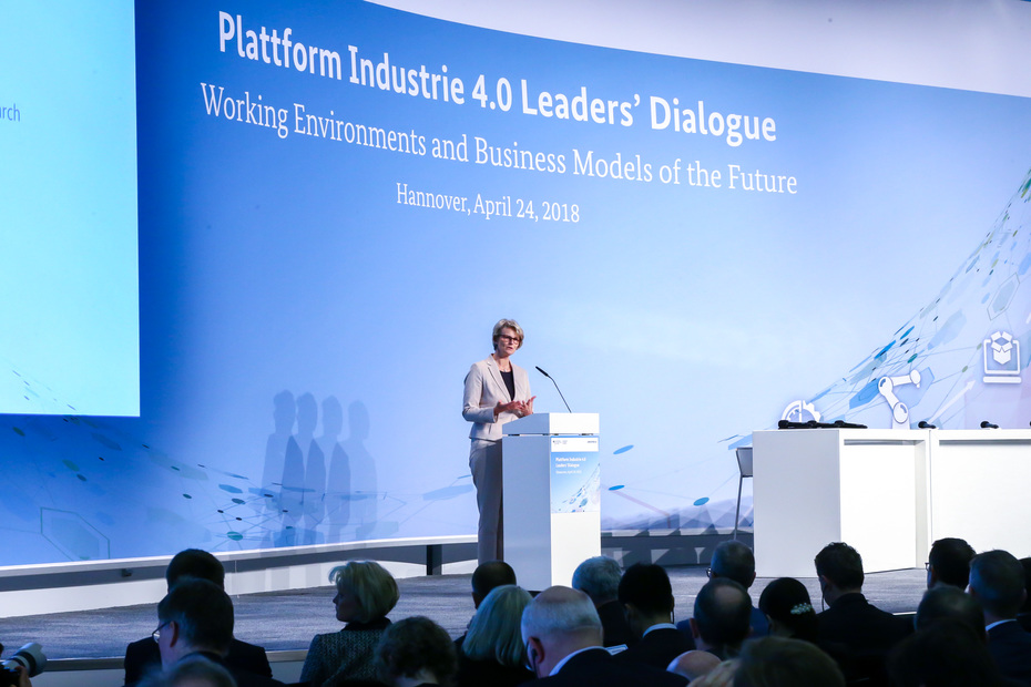 Minister Karliczek speaking at the Leaders' Dialogue at Hannover Messe 2018